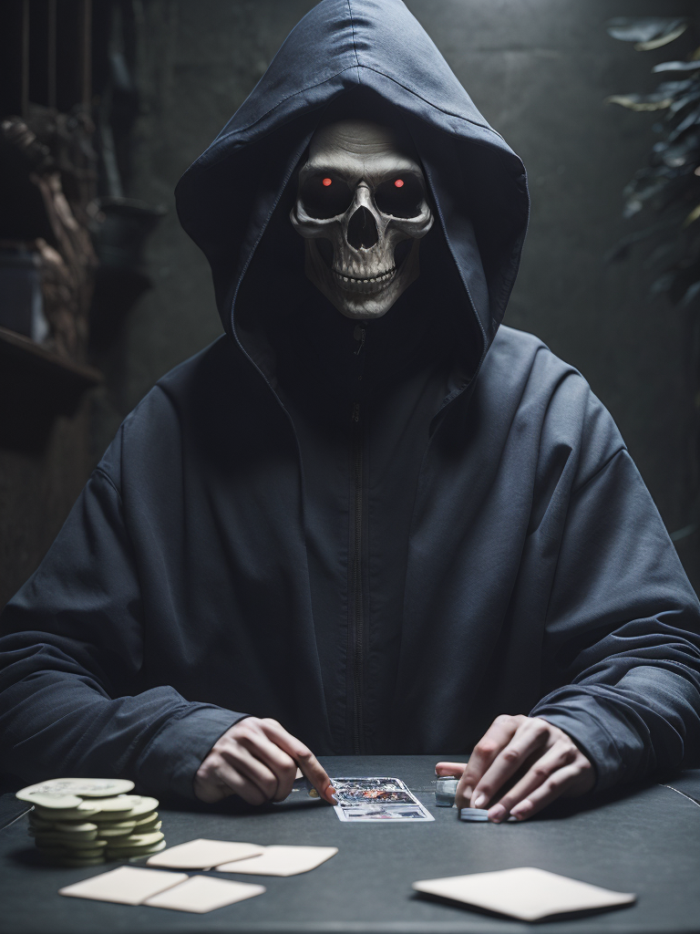 skeleton in hooded cloack, death playing poker, scythe of death in background, looking at the camera, poker table, poker chips, cards, money, scary, creepy