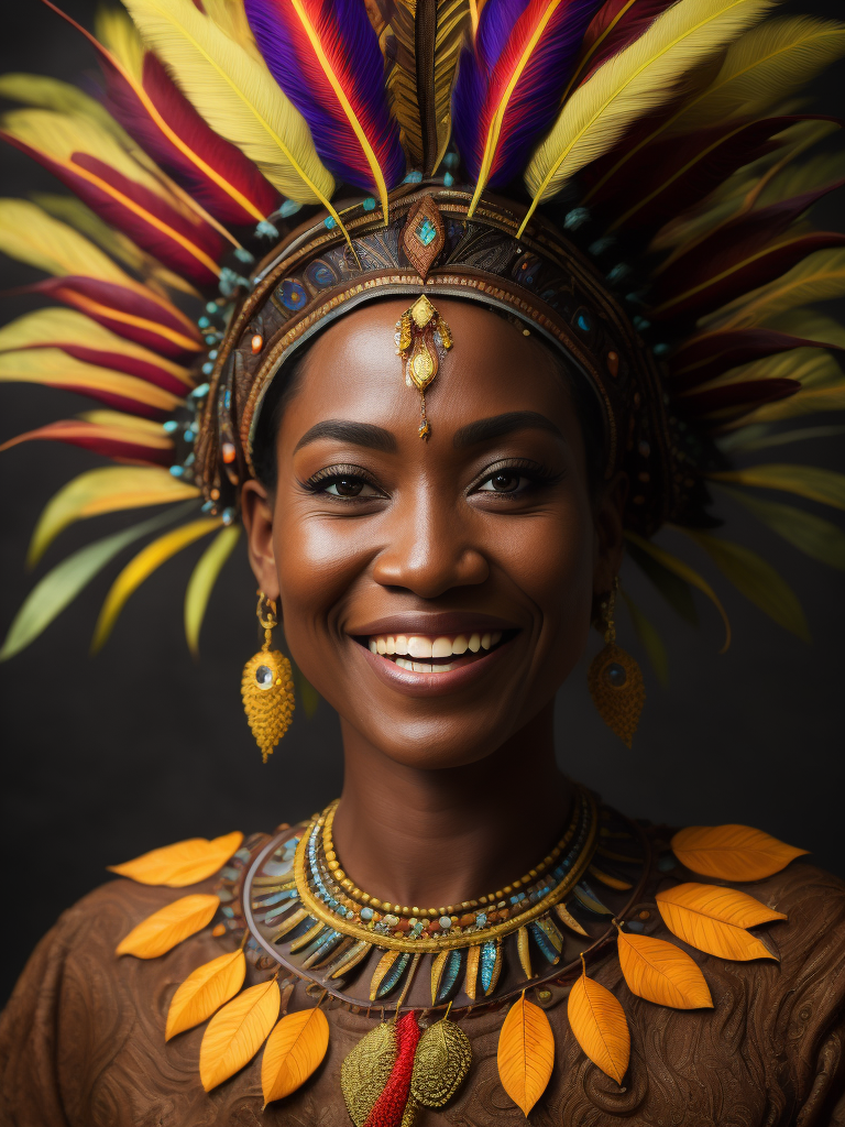 Papua New Guinea lady smiling, head dress, bright multi coloured feathers, chocolate brown coloured dark background of leaves , tropical, dramatic light, vibrant iridescent colours, tribal face paint