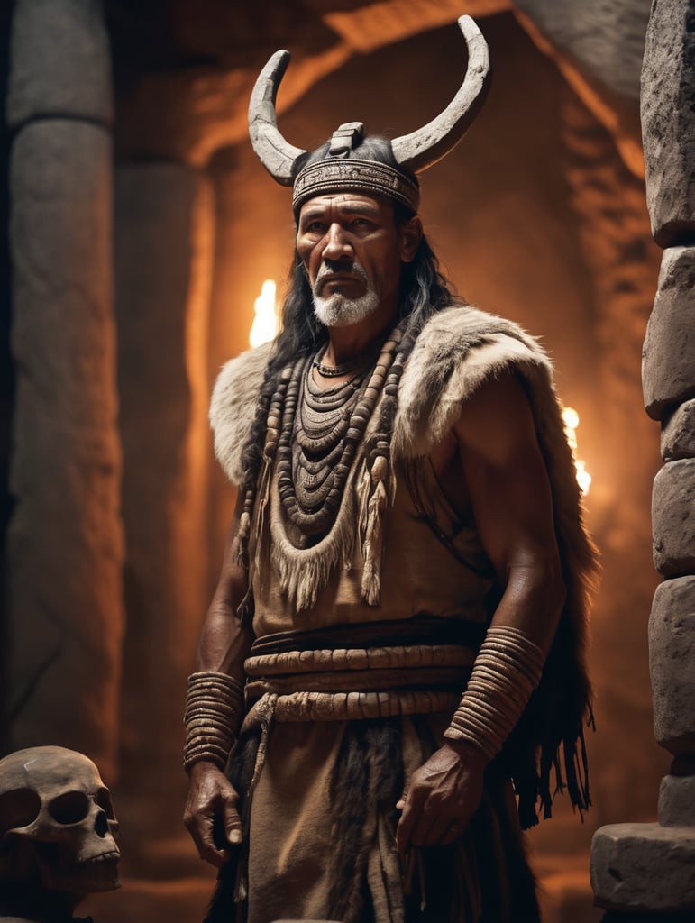 A prehistoric shaman, in a dimly lit temple, like gobekli tepe