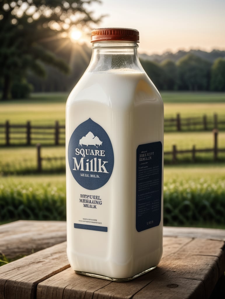 A mockup of a square bottle of milk, early morning, farm blurred background