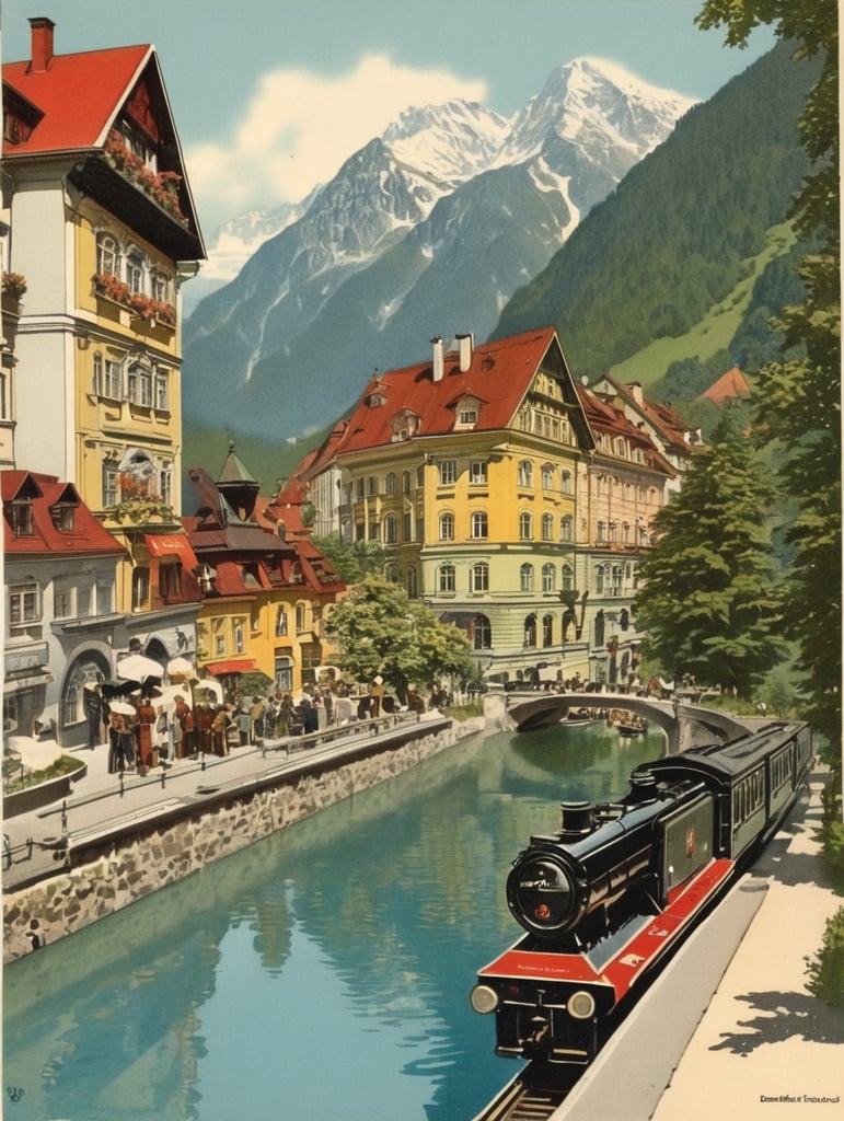 Illustration of an Austria in the style of Donald Fraser Gould McGill and a Bamforth postcard