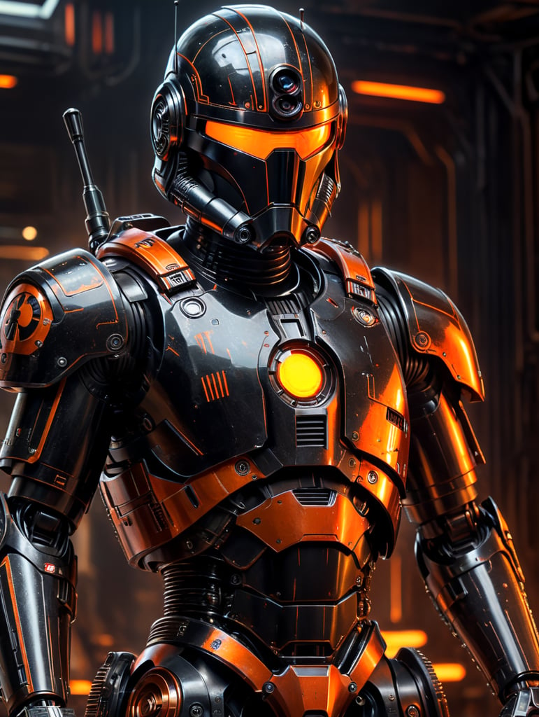 commando droid, star wars, full body, battle pose, shiny black and orange armor, shiny orange light eyes