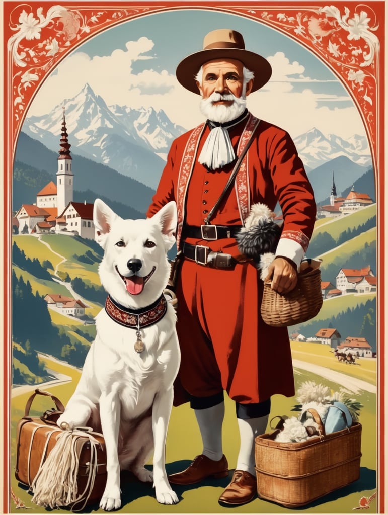 Retro poster of an old Austrian traveler with a white dog, dressed in traditional Austrian clothes, behind with things