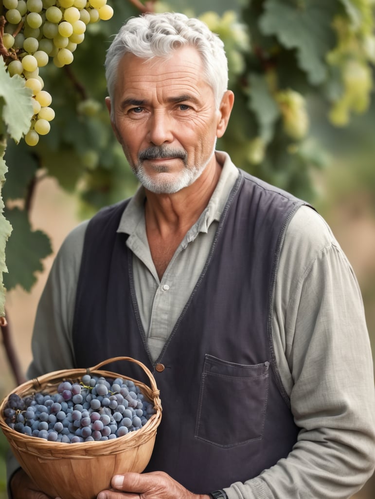 Portrait of an elderly winemaker with gray short hair, man holding a bunch of grapes, looking at the grapes