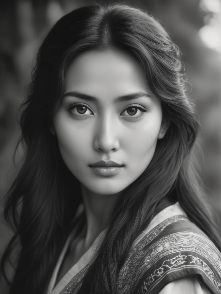 Central Asian woman posing, 30s, Kodak Tri-X 400 black and white, atmospheric impressionism, dark romantic realism, pre-Raphaelite realism, grainy, soft edges and blurred details, captures raw emotion, style of anime aesthetic, dark emerald and light amber, soft edges, distinct facial features, iso 800, photo realistic, 32 k