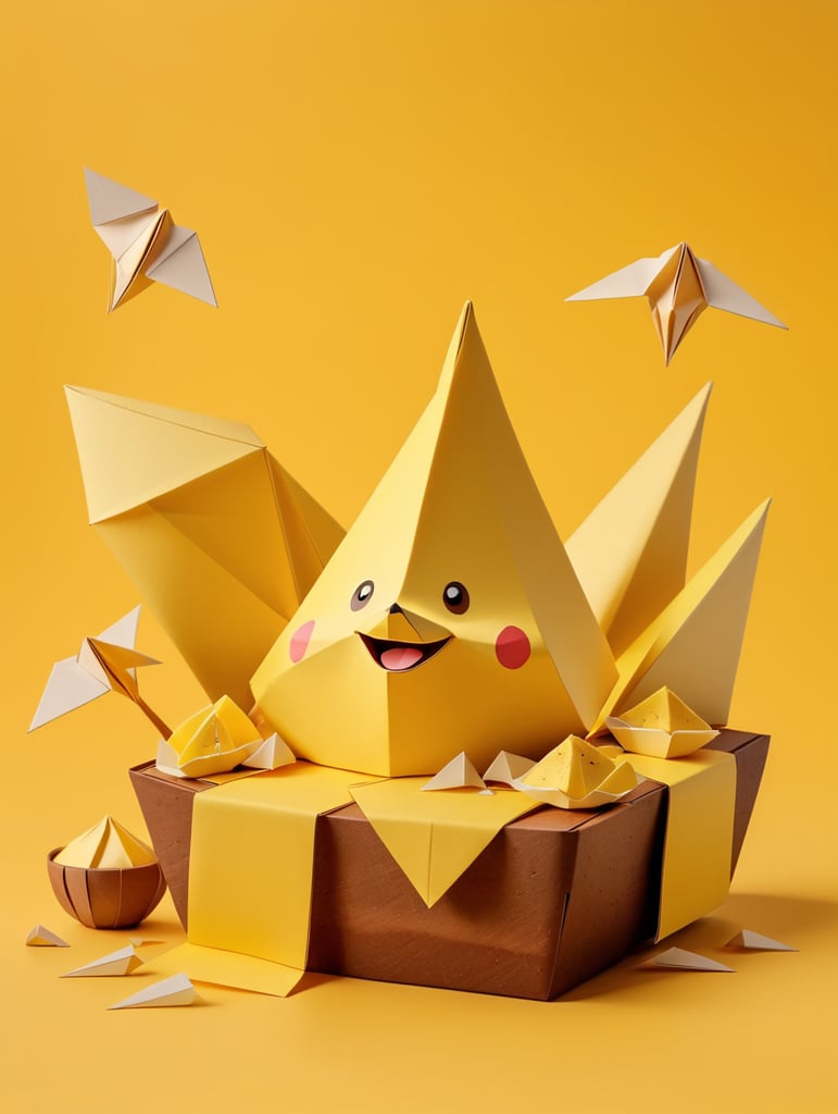 composition with origami banana bread, origami banana, origami lemon zest, origami walnut, on yellow paper background