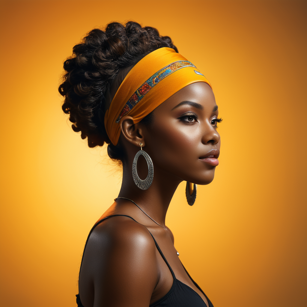 A side profile portrait of a black woman, headband, vibrant dark skin tone, shiny skin, studio lighting, ultra-realistic photography