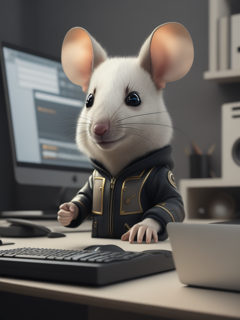 Cute white mouse look like a human stylized as a software engineer near the computer