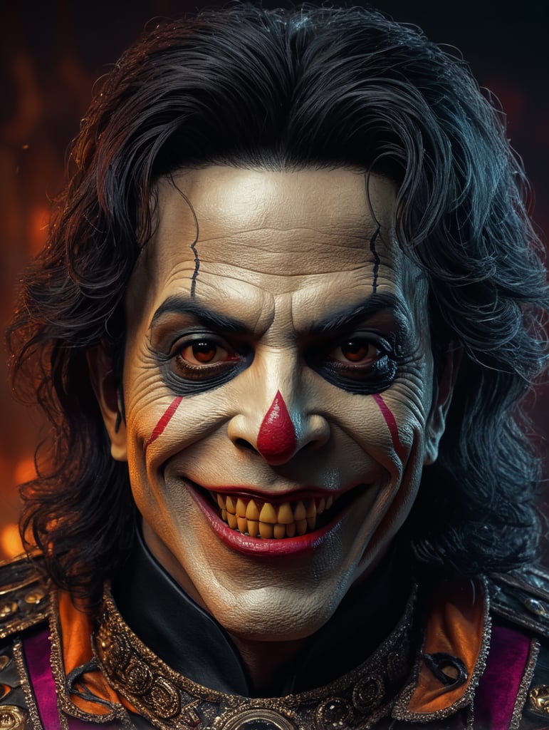 Old Michael Jackson as a creepy evil character wearing spooky Halloween costume, evil smile, creepy nose, Vivid saturated colors, Contrast color