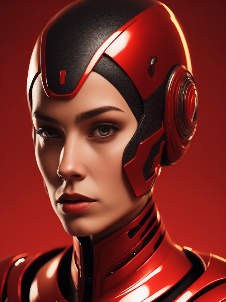 Portrait of an android girl made of red glossy material, sharp highlights, red background, Vivid saturated colors, Contrast color