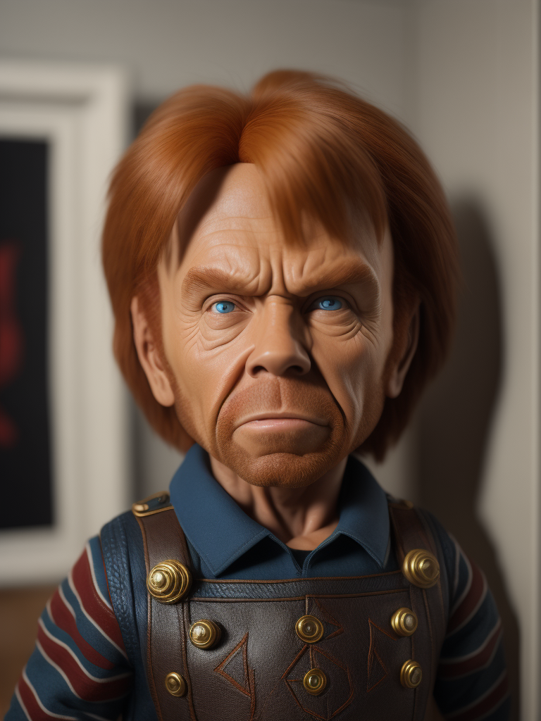 Chuck Norris as an evil Chucky doll, bright and saturated colors, highly detailed, fashion magazine, sharp focus, Dramatic Lighting