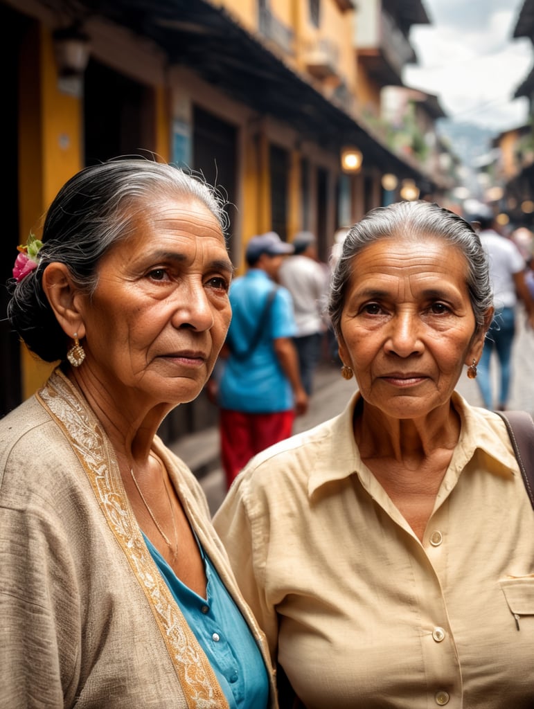 old colombian womans on the street talking of envigado, photoreal: 1.4, lifelike,highly detailed CG unified 8K backgrounds,looking at the viewer, (HQ skin:1.4), 8k uhd, dslr, soft lighting, high quality, film grain, Fujifilm XT3