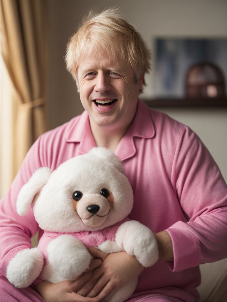 Boris Johnson in pink pajamas laughing, holding a cute toy in his hands, bright and saturated colors, detailed portrait, realistic style
