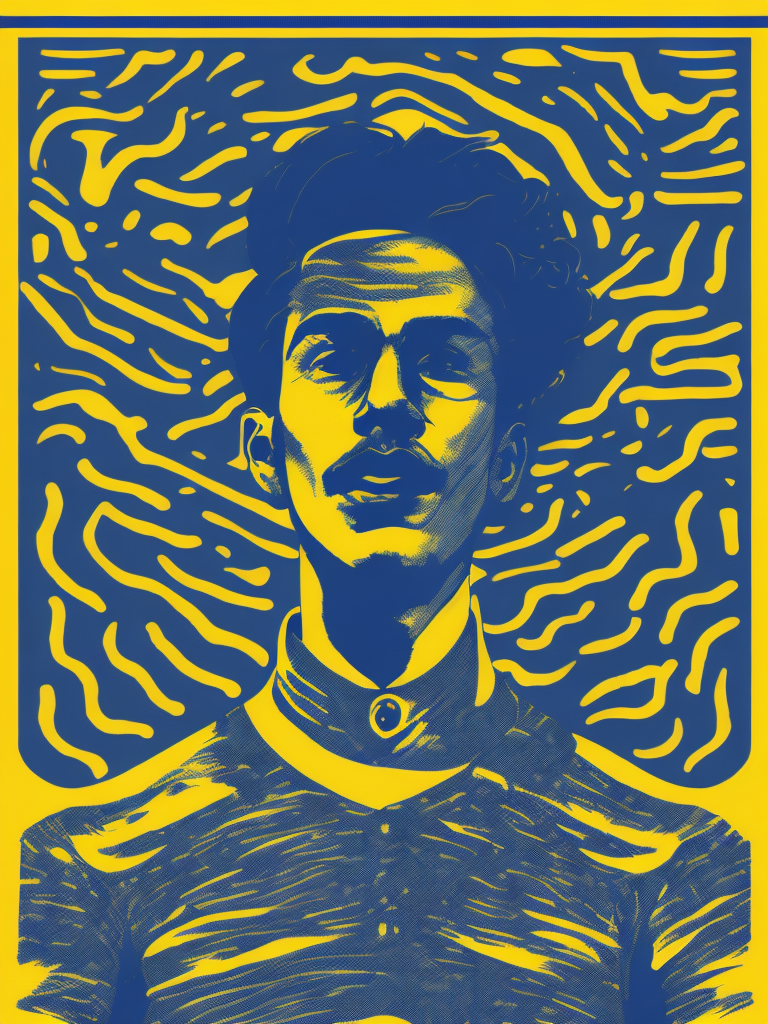 yellow blue black cream noise patterns risograph man, happy surrealism, fashion, shot on sony, edited with Maya, Nuke, Blender, Fusion, Houdini