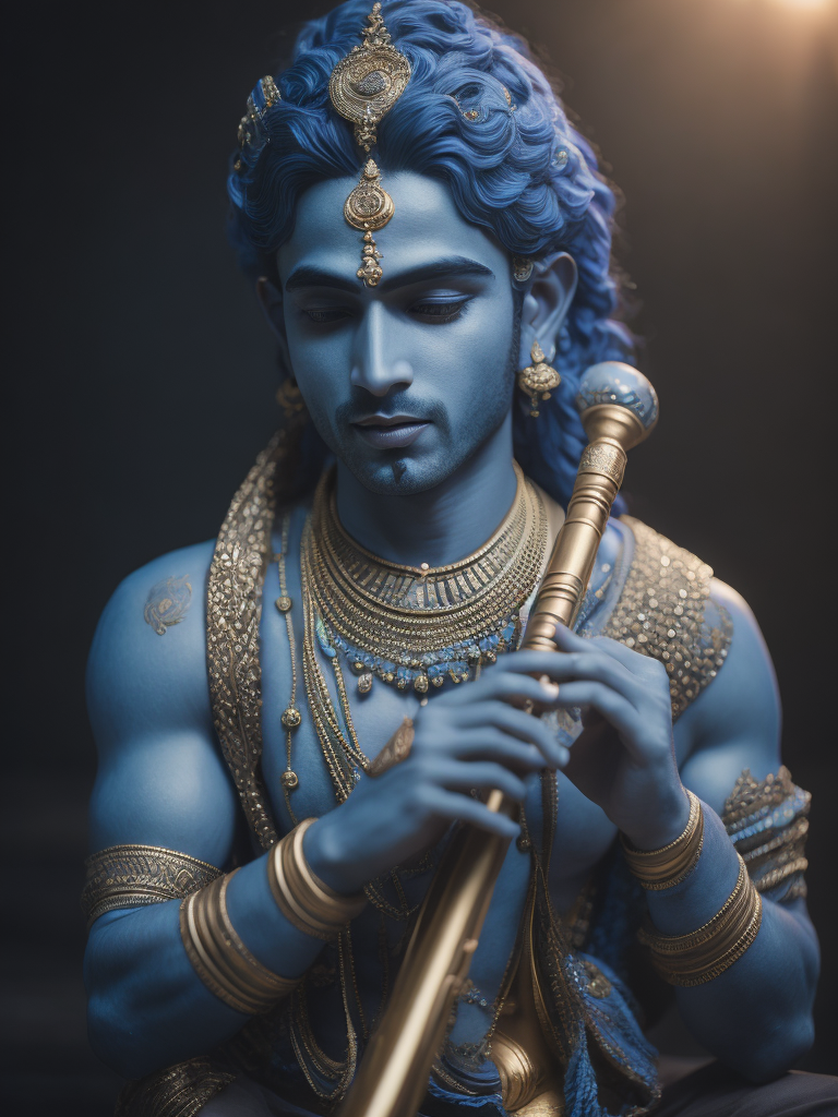 Shri Krishna, Deus hindu masculino, de pele azul, tocando flauta, fotorealistica,