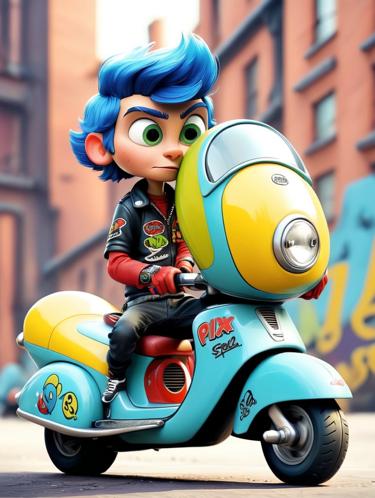 alien biker, super speed, racer, Vespa scooter - a unique streetwear design that combines old and new. Combine bold urban typography with retro graphics, taking inspiration from graffiti. Use a variety of earthy tones to give your design a modern touch with stylistic visual graphics.