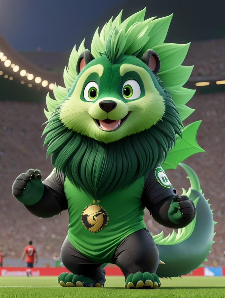 Strong Didelphis albiventris wearing a green football shirt. The t-shirt must have a big black V symbol on his chest. Didelphis albiventris tail must be hairy at the beggining but peeled at the end Epic football stadium atmosphere similar to a coliseum (with a penchant for black and green colors) and green Fireworks.