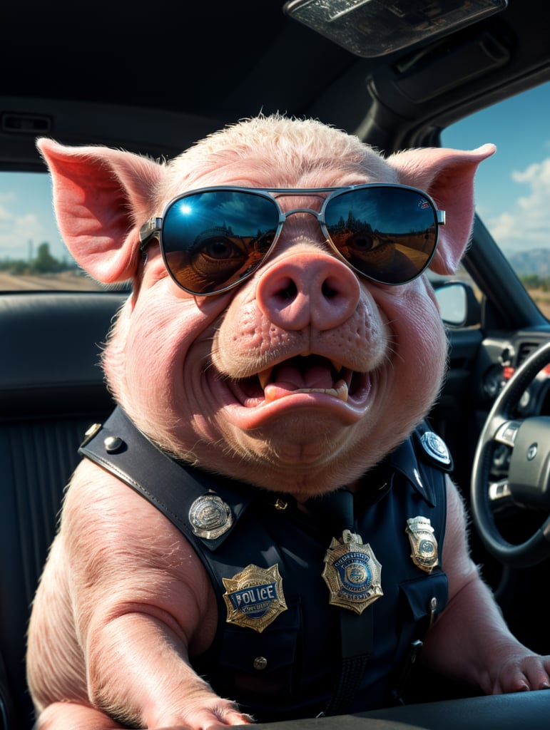 A angry pig police officer, sitting behind the wheel of a police car, close-up shot, sunglasses, clipart, stock photo