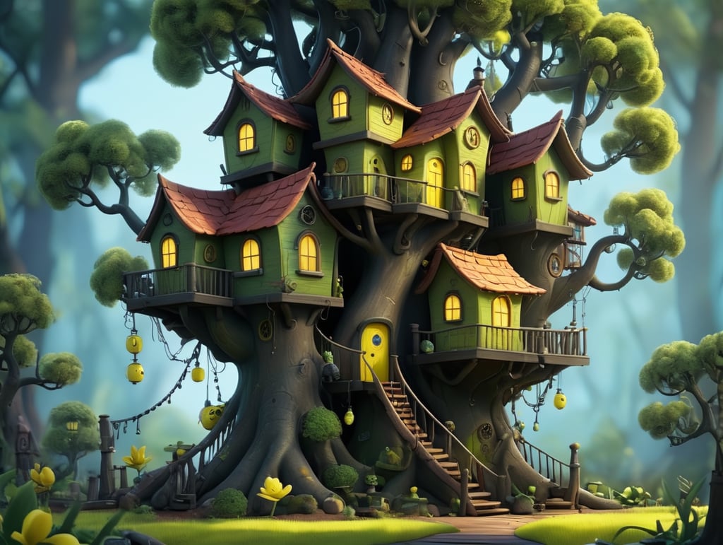 An elaborate, whimsical, bright yellow treehouse in the style of Tim Burton on a bright sunny day. The tree's leaves are an electric lime green color. the tree trunk is a dark brown.