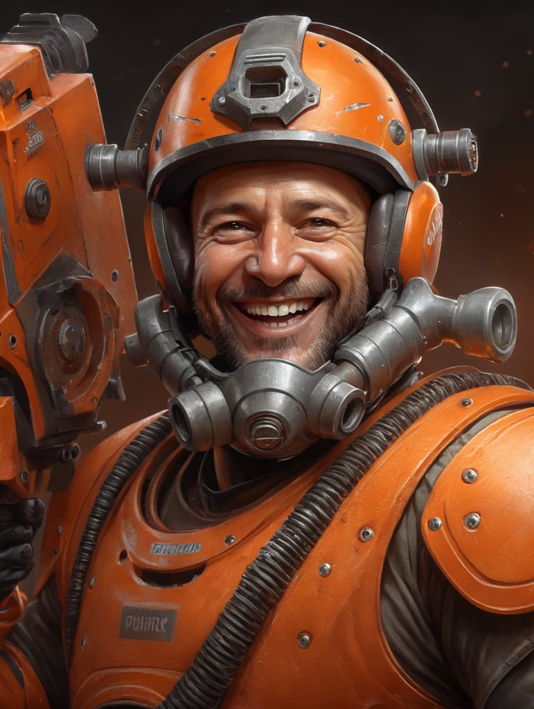 happy worler using helmet, on orange clothes, with a drill on his hand, smiling, brown eyes