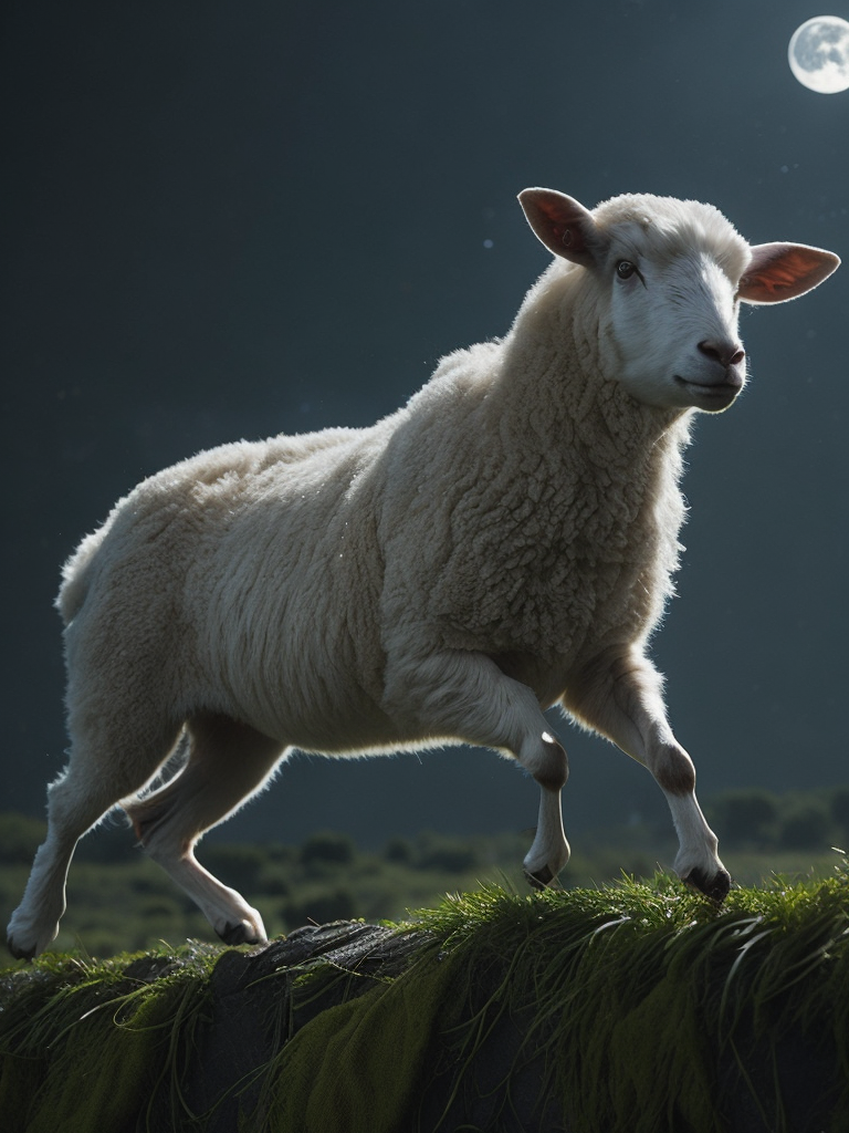 Photo realistic young sheep jumping over a fence in a field behind a house at night with a bright moon