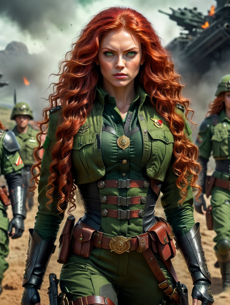 long red hair woman, green eyes, curly hair, military outfit, full body, badass, evil