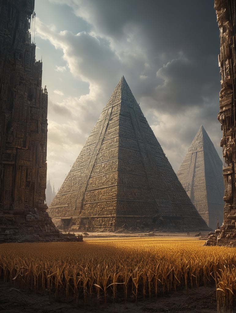 skyscrapers, corn, pyramids, a deserted field