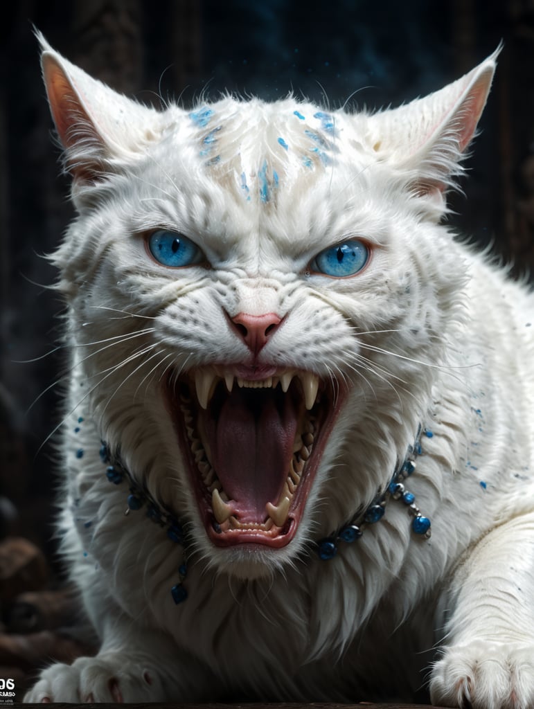 White cat with blue eyes very angry and big