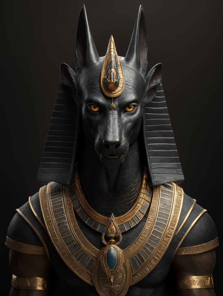 Egyptian god Anubis, portrait, hyper-realistic, dark style, focus on face, sharp on details, black background