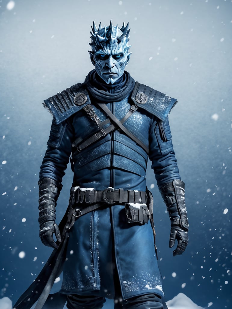 Night King, dark blue snowy background, wearing modern clothes, hyper realistic, hyper detailed male post-apocalyptic full body outfit, male character concept,