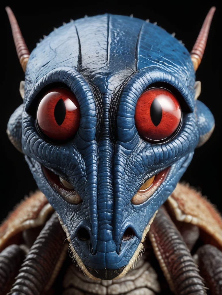 Termitor head, realistic, black background, a blue hue, head facing the camera, eyes not the red just a little bit