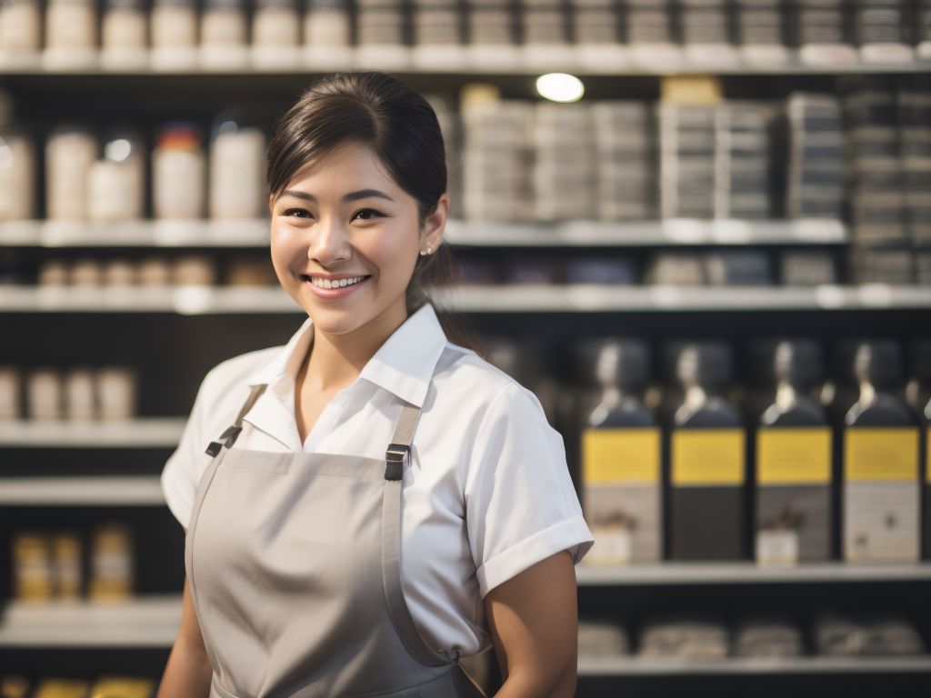 A woman store worker smiles. Retail store, grocery, bakery, pharmacy. Lady with an apron working in the market.