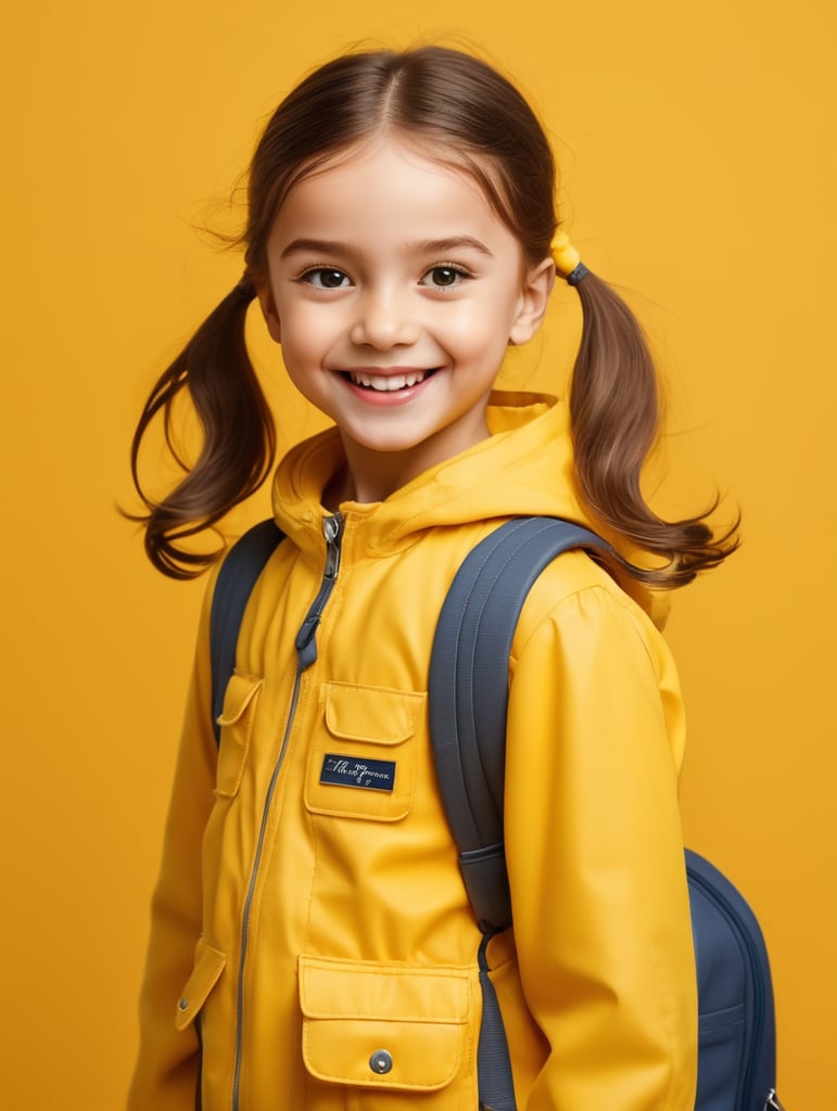 photo happy little girl going to travel, cute girl, dressed in all yellow, yellow background, harpers bizarre, cover, headshot, hyper realistic
