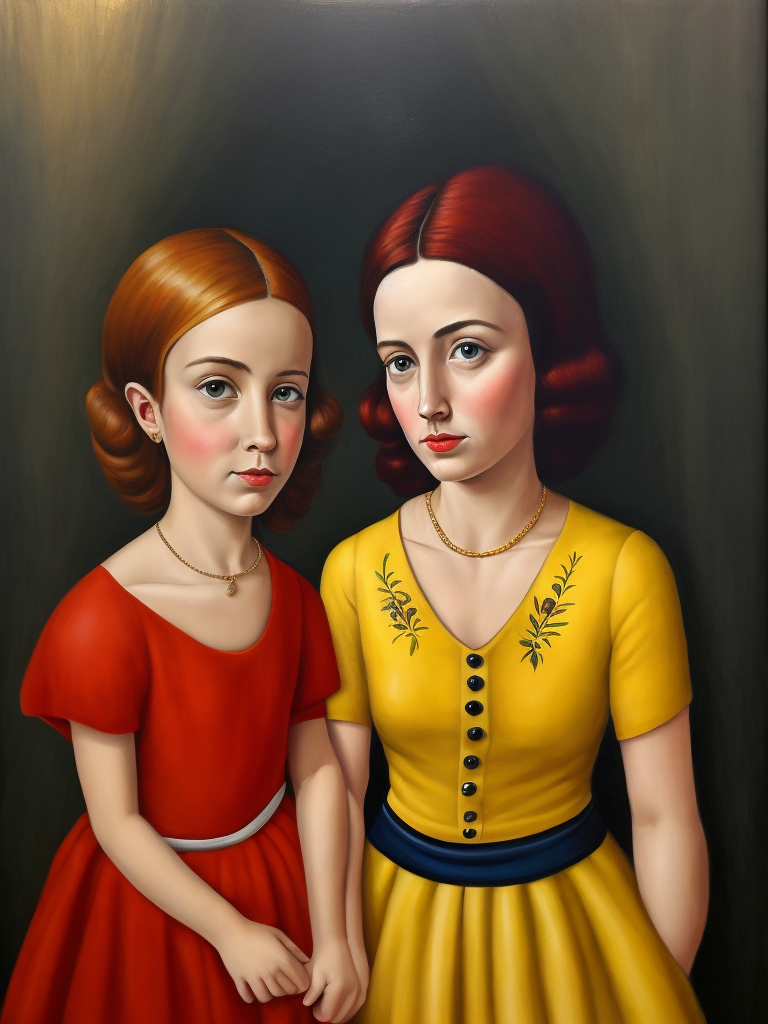 a two girl, style of Catherine Nolin, Painting, Acrylic, Oil, Portrait, Interior, USA