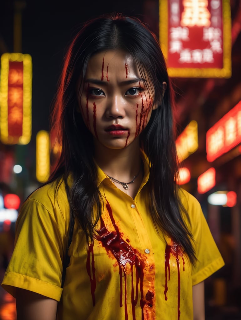 A girl of Asian appearance is dressed in a yellow shirt stained with blood, her face is bloody, against the backdrop of Chinatown and neon lights, dark atmosphere, deep contrasting shadows, Takashi Miike style