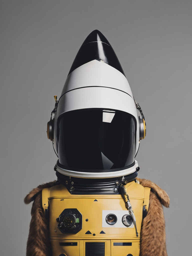 minimalistic fashionable gloomy portrait of space rocket robot, fur details, minimalistic design, minimal details, Versace, givenchy, film still from Wes Anderson, photograph, photoreal, 200mm, HD, f 2.0, highly detailed, accurate