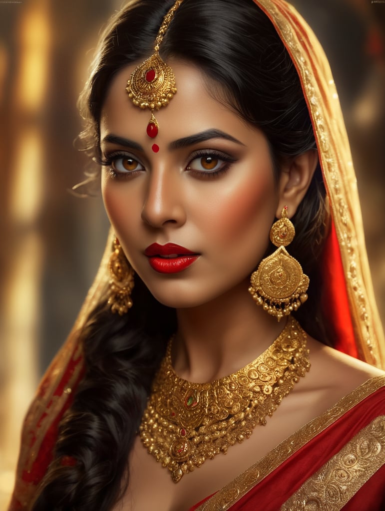 Maa Durga Bengal, rich beautiful sari, bright makeup, golden jewelry, long black hair, brown eyes, red lips.