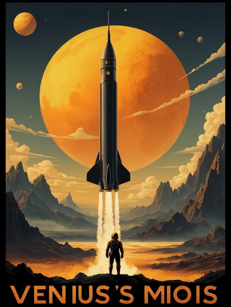 Ein Vintage-Reiseplakat für Venus im Hochformat. Die Szene zeigt die dicken, gelblichen Wolken der Venus mit der Silhouette eines sich nähernden alten Raketenschiffs. Geheimnisvolle Formen deuten auf Berge und Täler unter den Wolken hin. Der untere Text lautet: „Explore Venus: Beauty Behind the Mist“. Das Farbschema besteht aus Gold-, Gelb- und sanften Orangetönen und erweckt ein Gefühl des Staunens.