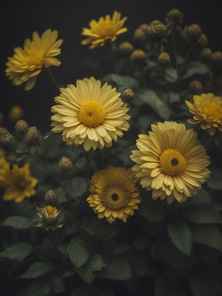 yellow flowers, dark atmosphere, deep colors, clear details