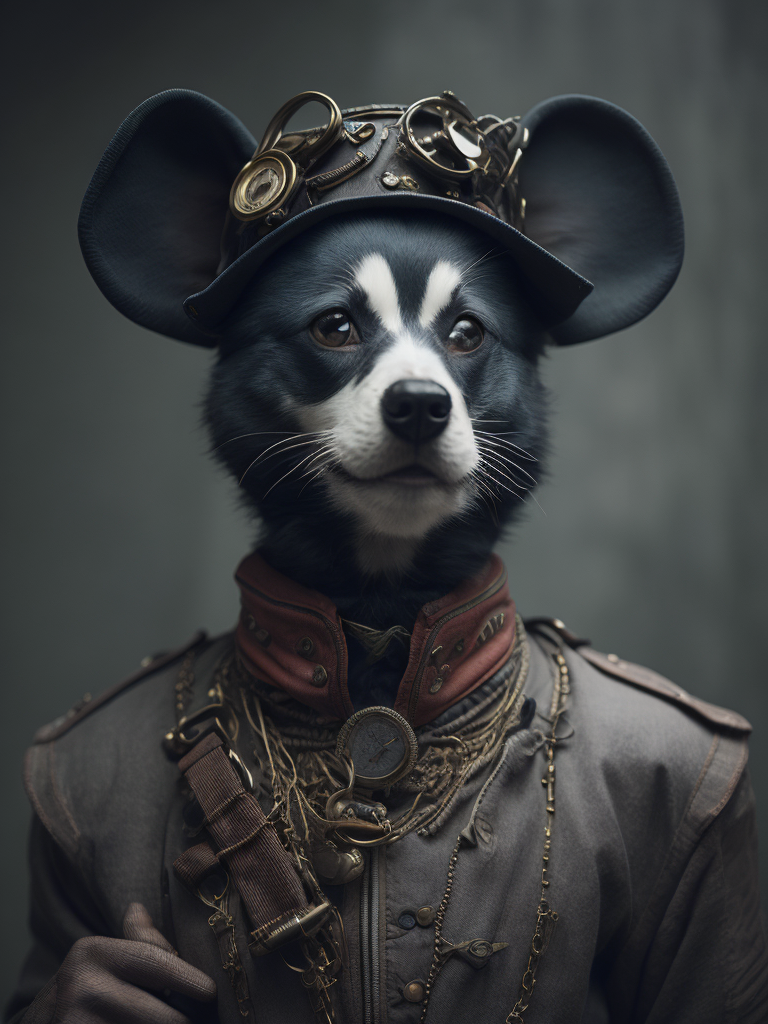 Portrait of Mickey Mouse in steampunk style. psychedelic, trippy, extremely detailed vibrant, cinematic lights, hyper realistic, hyper detailed, Sony Alpha α7, photorealistic