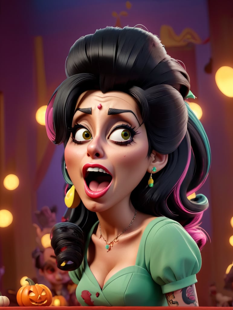 Drunken Zombie Amy Winehouse singing on stage, Halloween style, Vivid saturated colors, Contrast color