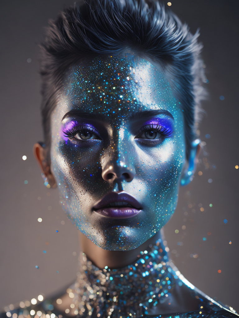 Mesmerizing Holographic face materials shimmer in motion, Photography in the style of Rankin