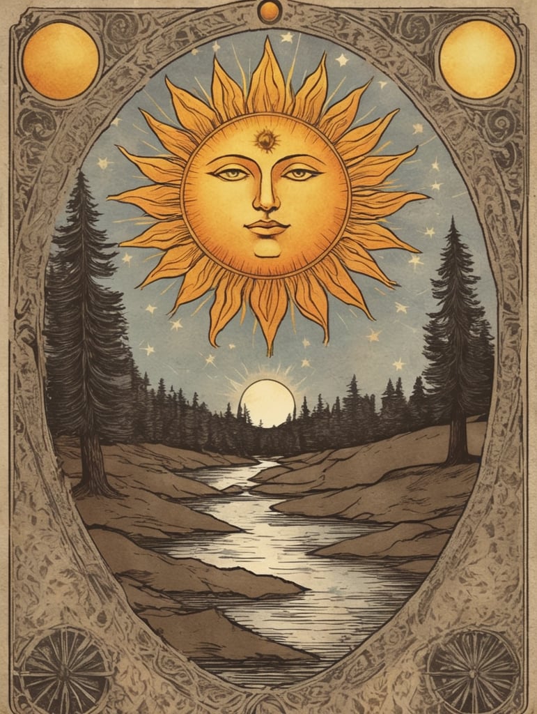 Tarot card , “the Sun”, rustic, fantasy, traditional tarot layout