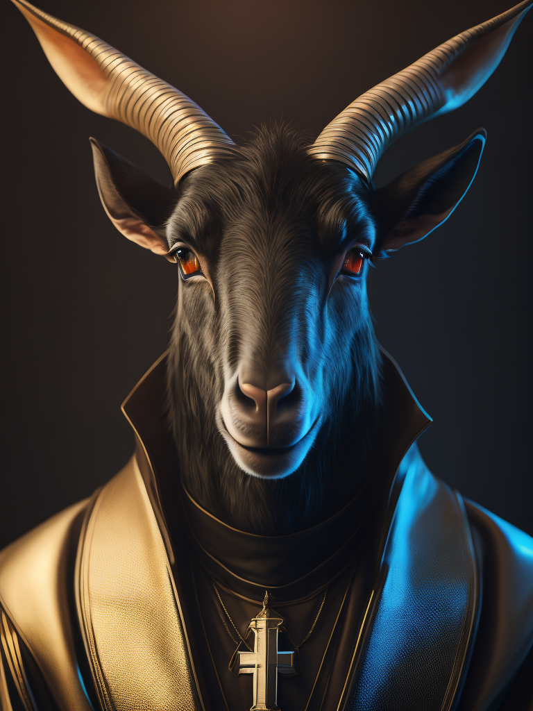 Portrait of a goat's head wearing a catholic pope's dress, cinematic lighting, cyberpunk, octane render, color grading, shot on 35 mm lense, depth of field, dof, tilt blur, shutter speed, white balance, super resolution, hdr, megapixel, pro photo rgb, halfrear lighting, backlight, natural lighting, incandescent, optical fiber, moody lighting, global illumination, path tracing, studio lighting, soft lighting, -ray tracing --diffraction grading --chromatic aberration --gb displacement --ambient occlusion --txaa --post processing -- cell shading --tone mapping --cgi --vfx--insanely detailed and intricate