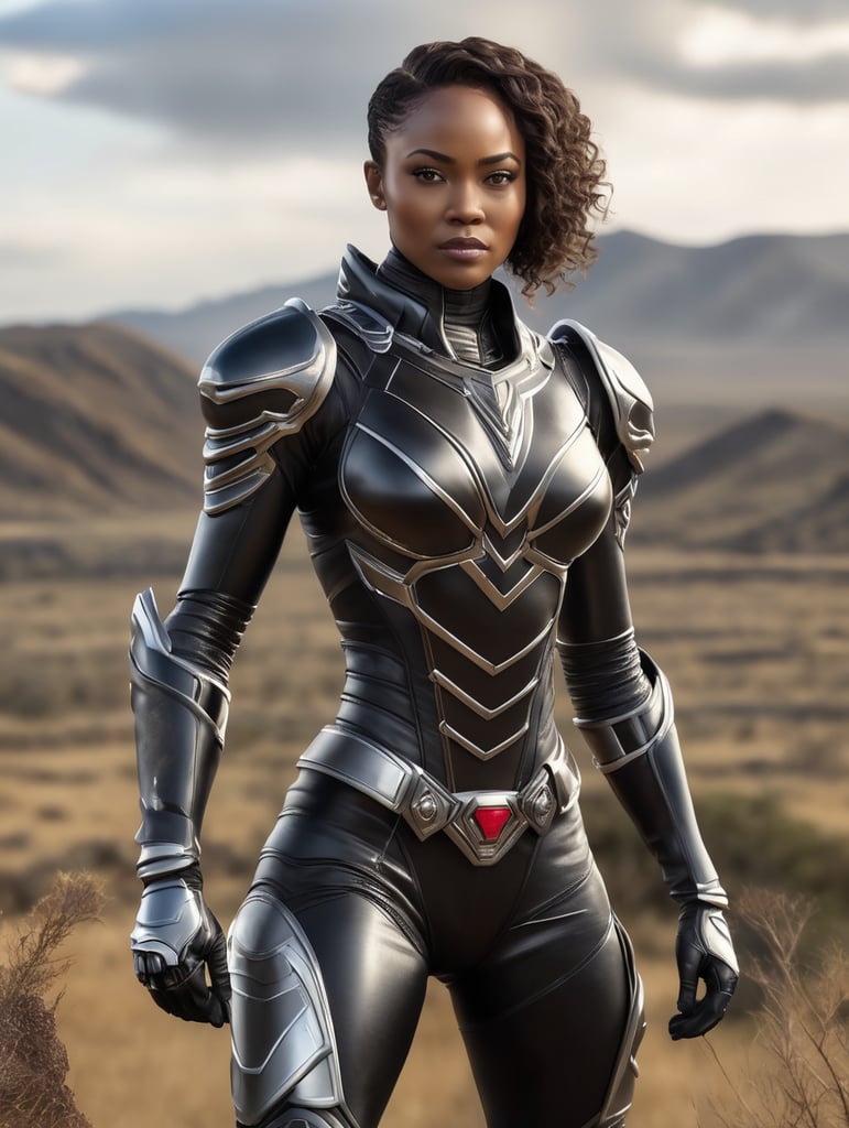 African, beautiful woman, black skin, power ranger, armor, gloves, boots, full body, thigh, best quality, muscular, standing still, African tundra background, ultrarealistic, studio light, marvel style,