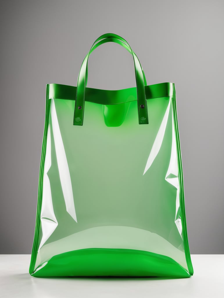 Inflatable vibrant green minimalist women's bag, transparent, isolated, grey background, mockup