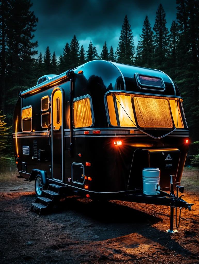 Alien camping trailer made of black alien liquid, translucent with neon lights, liquid dripping from the trailer, dark atmosphere