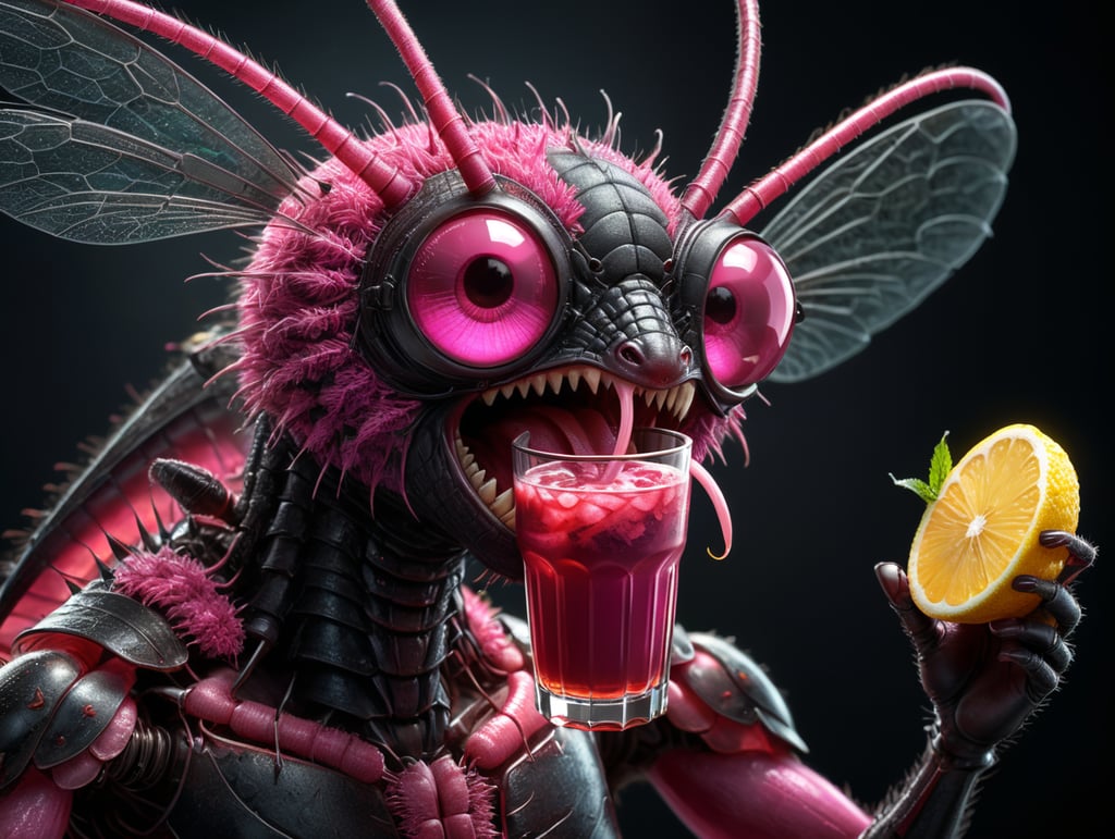 cartoon character, drink, pink mosquito, funny, creative