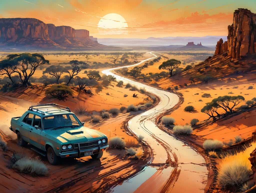 In the soft, golden light of a sunrise, the vast Australian outback. Below, a winding dirt road stretches into the distance, leading to new adventures. symbolizing the unique challenges and beauty of their journey down under as they move to Australia for new challenges.