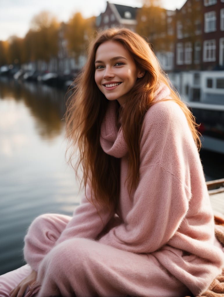 Naturally pretty, unadorned nordic woman, 25 years old, with layered, extremely long and full straight reddish brown hair cascading down her back. she wears a heavily brushed, fuzzy, incredibly soft pale yellow mohair sweater with wispy long fibres and an oversized cowlneck, pink Pyjama pants. she sits on a houseboat in Amsterdam at dawn, on an unmade bed, backlit by the rising sun, smiling. analog film.